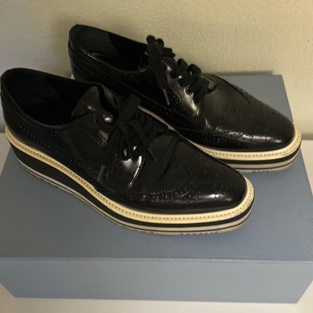 Prada Brogue Patent Leather Creeper, Striped Platform